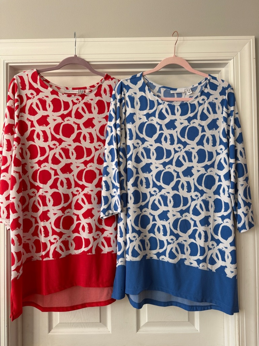 Susan Graver Red and Blue Patterned 3/4 Sleeve Blouse Duo